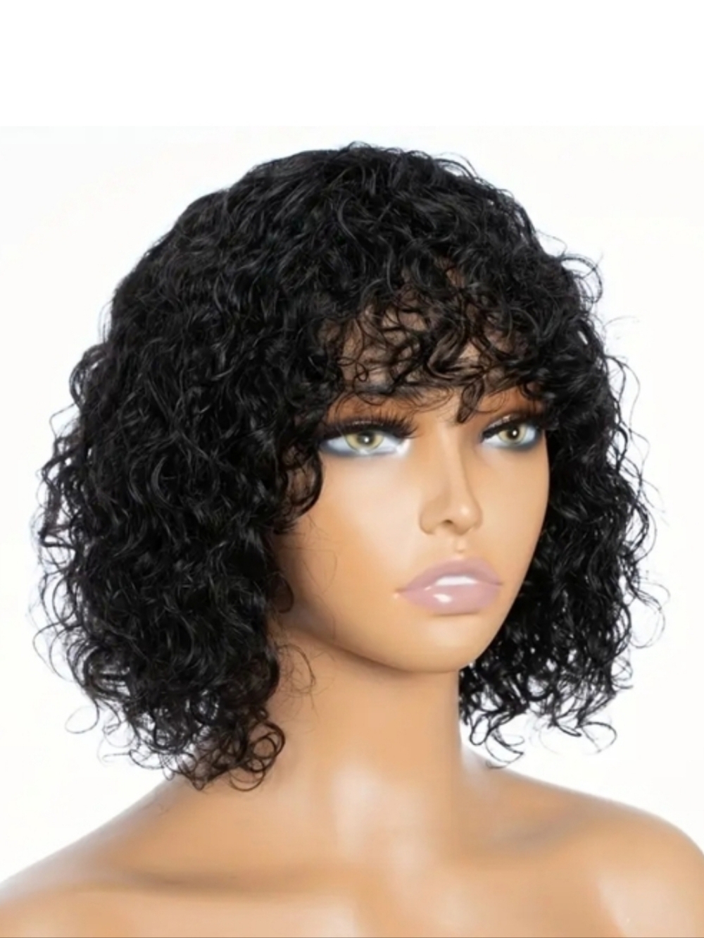 10 Inch Black Short Curly 100% HUMAN HAIR Wig with Bangs